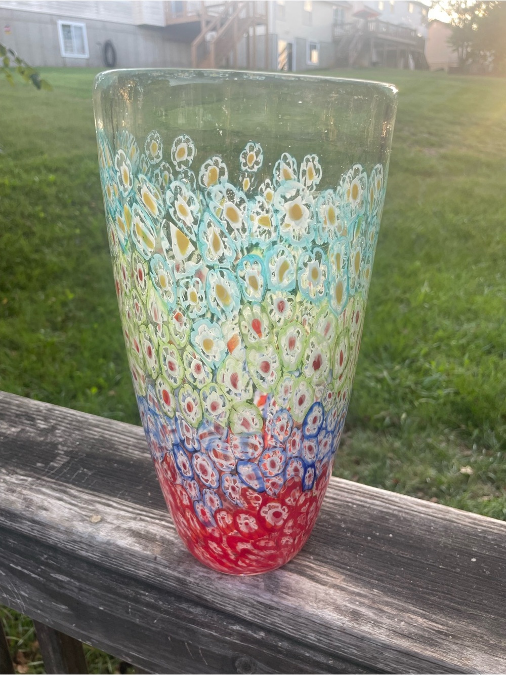 Handblown Millefiori Art Glass Vase in Red, Blue, Green